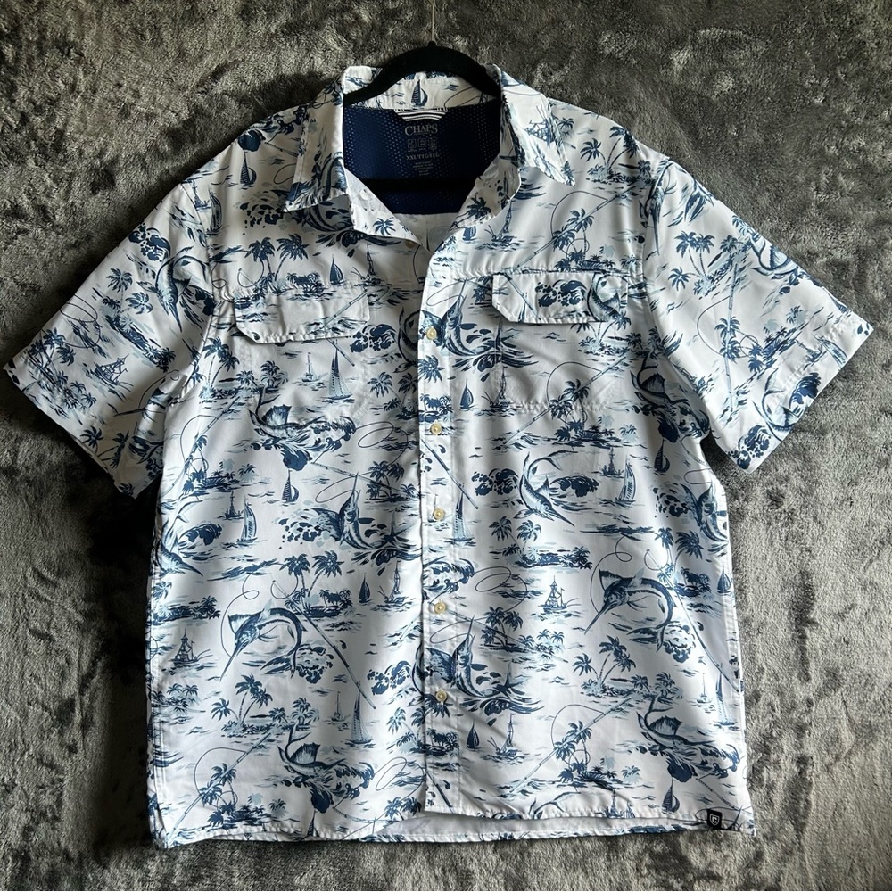 Chaps Fishing Shirt Mens‎ 2XL Nautical Marlin Sailboat Vented Button Up